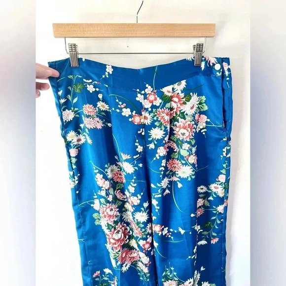 Vintage Blue Floral Satin Kimono Top & Wide Leg Pants Asian Boho 2 Piece Set - Picture 11 of 15